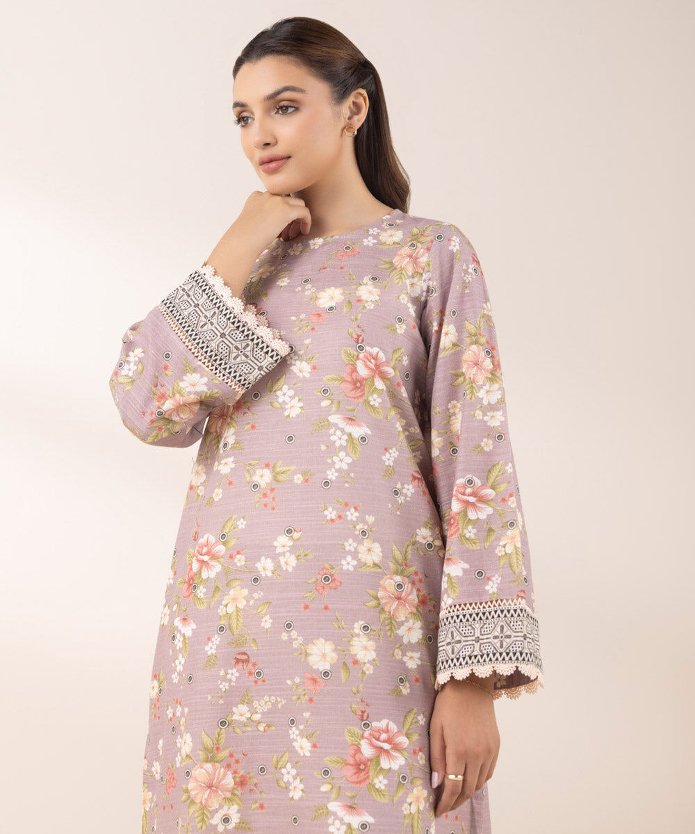 Woman - Purple Printed Zari Khaddar Shirt