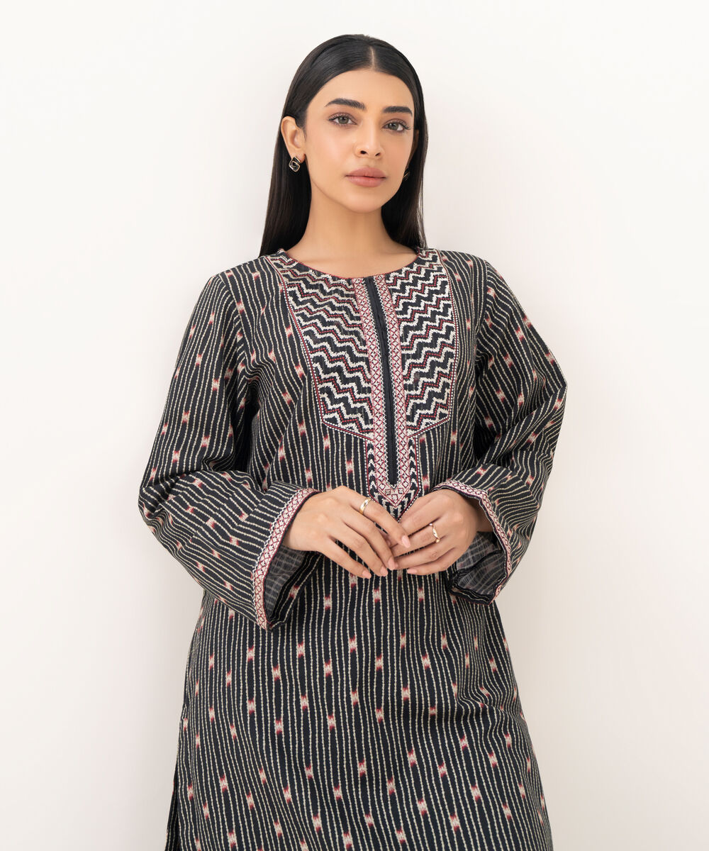 Women's RTW Light Khaddar Embroidered Black Straight Shirt