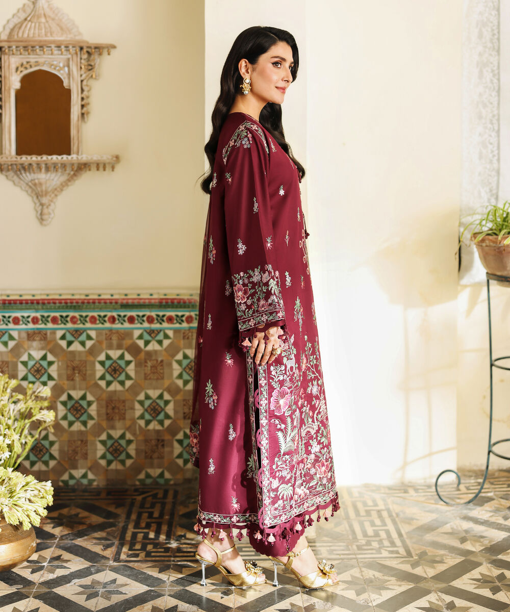Women's Unstitched Fine Cotton Satin Embroidered Red 3 Piece Suit