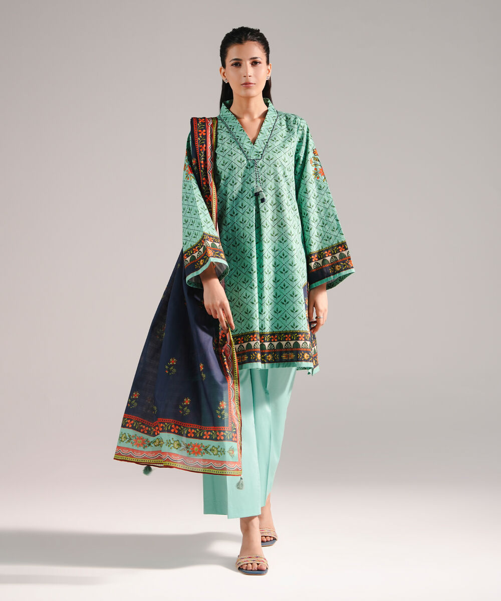 Women's RTW Leno Kara Printed Turquoise 3 Piece Suit