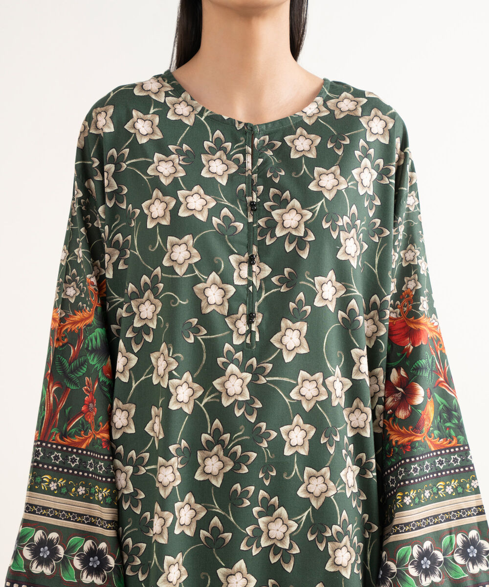 Women's RTW Cotton Viscose Printed Drop Shoulder Green Shirt