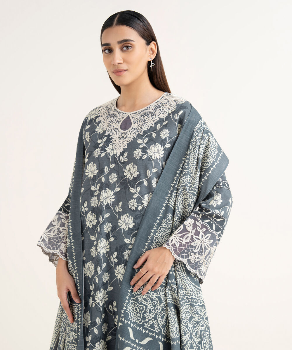 Women's Unstitched Khaddar Embroidered Grey 3 Piece Suit