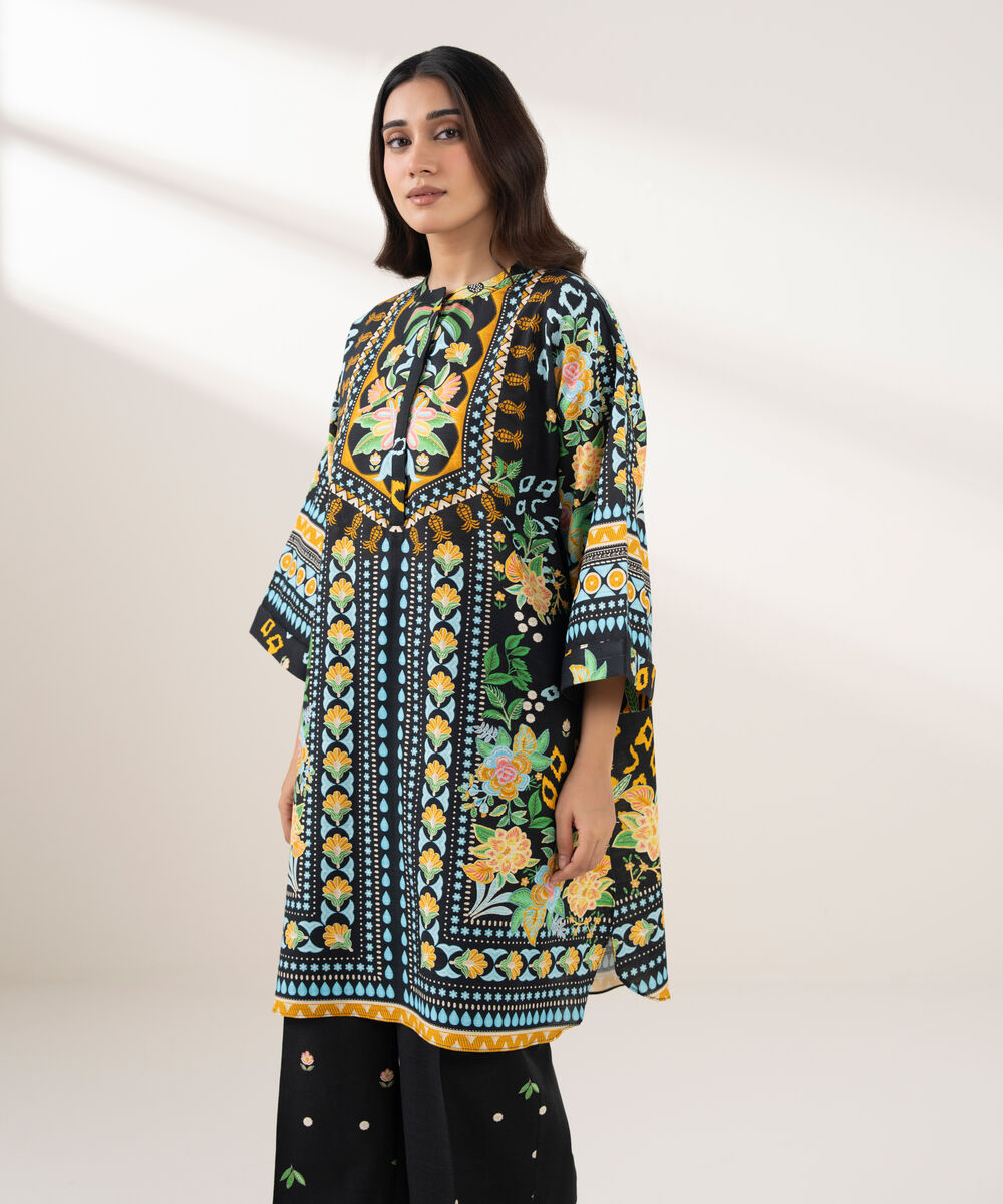 Women's RTW Khaddar Printed Straight Blue Shirt