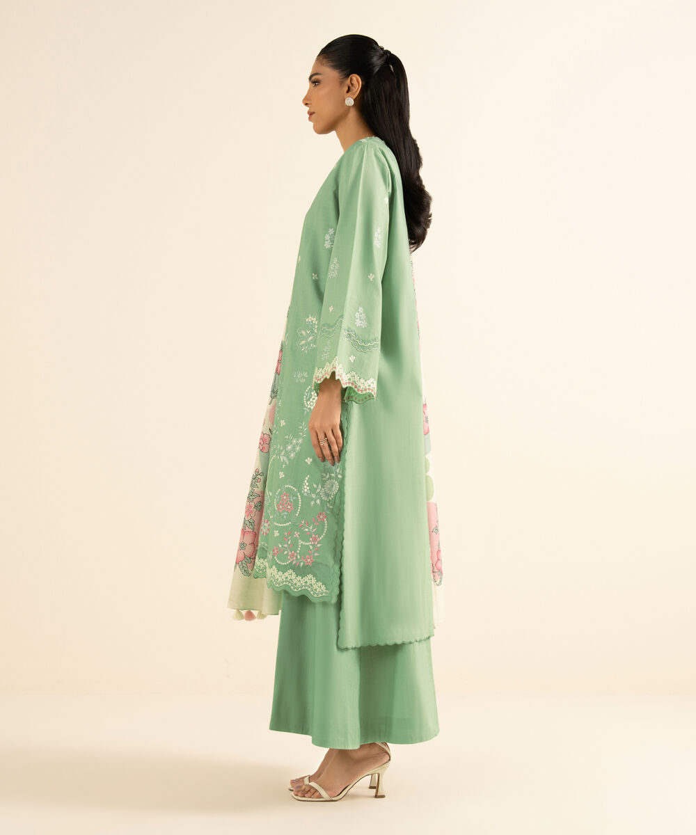 Women's Unstitched Cross Hatch Embroidered Green 3 Piece Suit