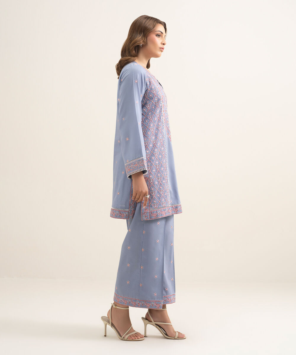 Women's RTW Dobby Embroidered Grey Straight Shirt