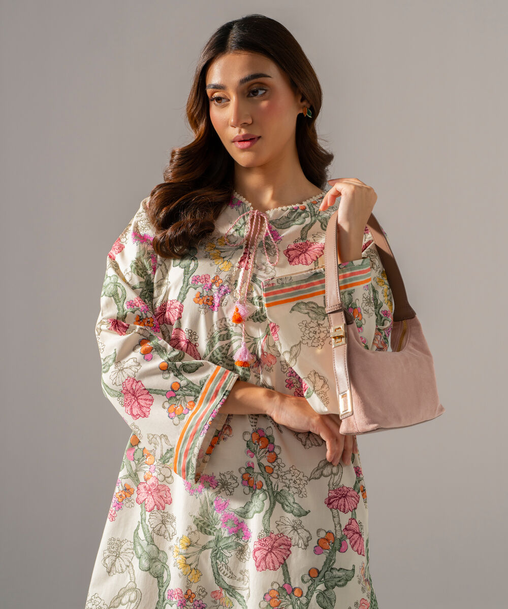 Women's RTW Cambric Printed Off White Straight Shirt