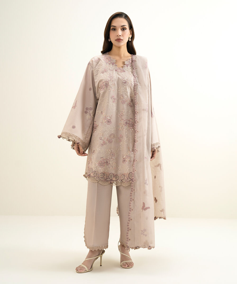 Women's Unstitched Lawn Embroidered Pink 3 Piece Suit