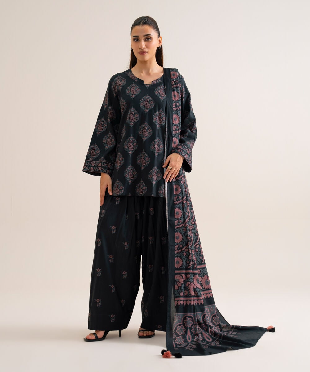 Women's Unstitched Viscose Linen Printed Black 3 Piece Suit