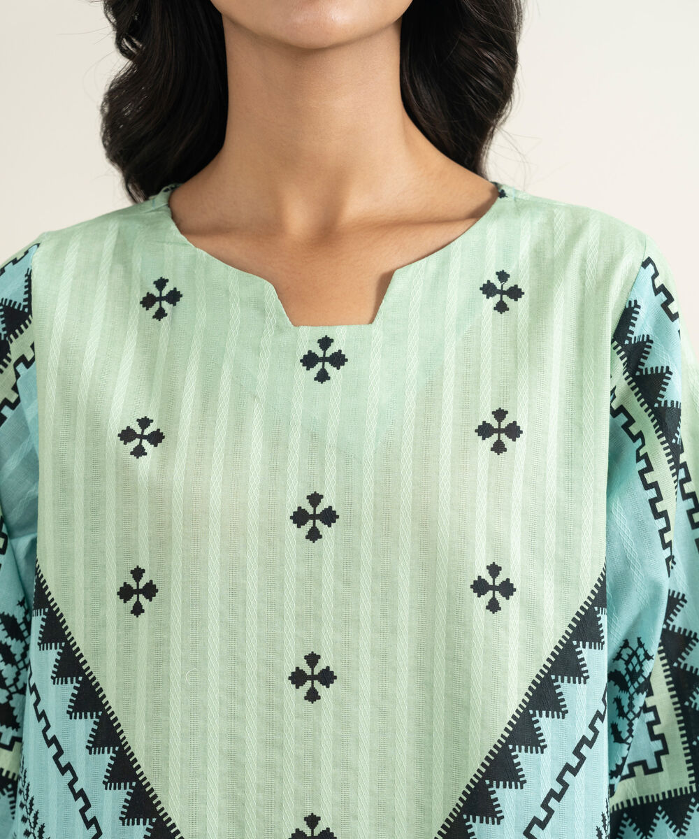 Women's RTW Textured Cotton Printed Green A-Line Shirt