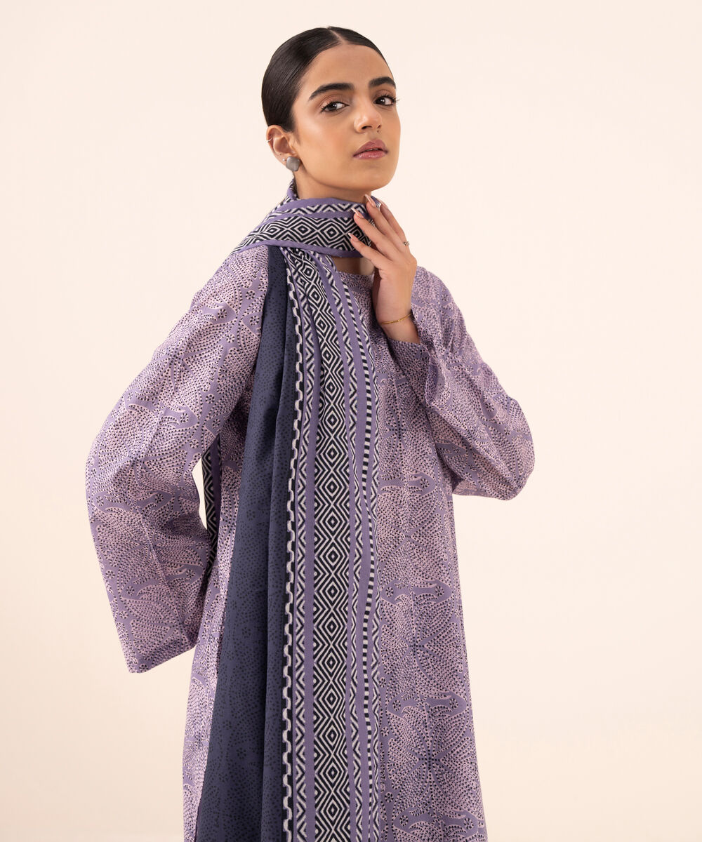 Women's Unstitched Cotton Printed Purple Three Piece Suit