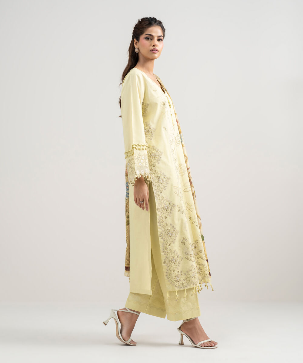 Women's Unstitched Lawn Embroidered Yellow 3 Piece Suit