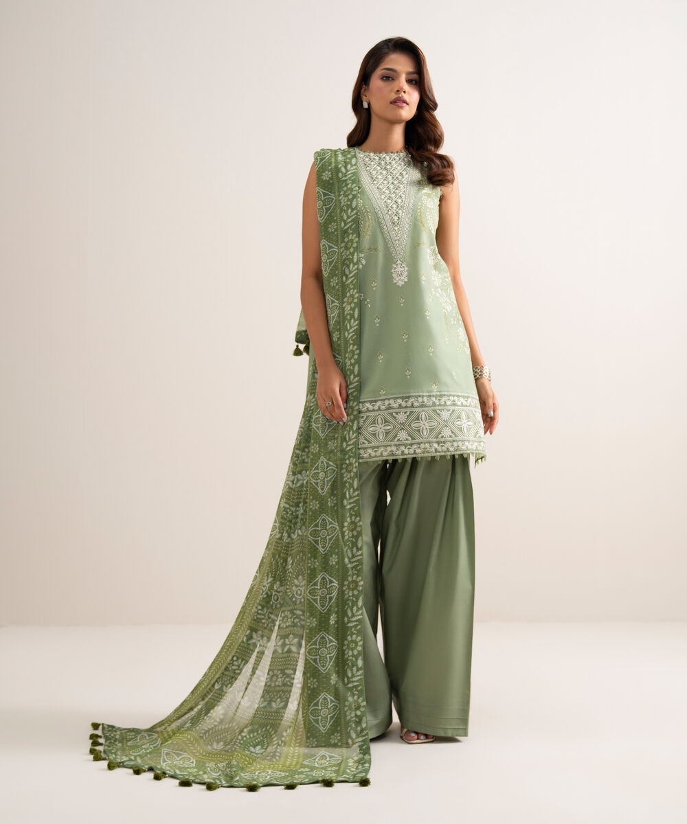 Women's Unstitched Lawn Embroidered Green 3 Piece Suit