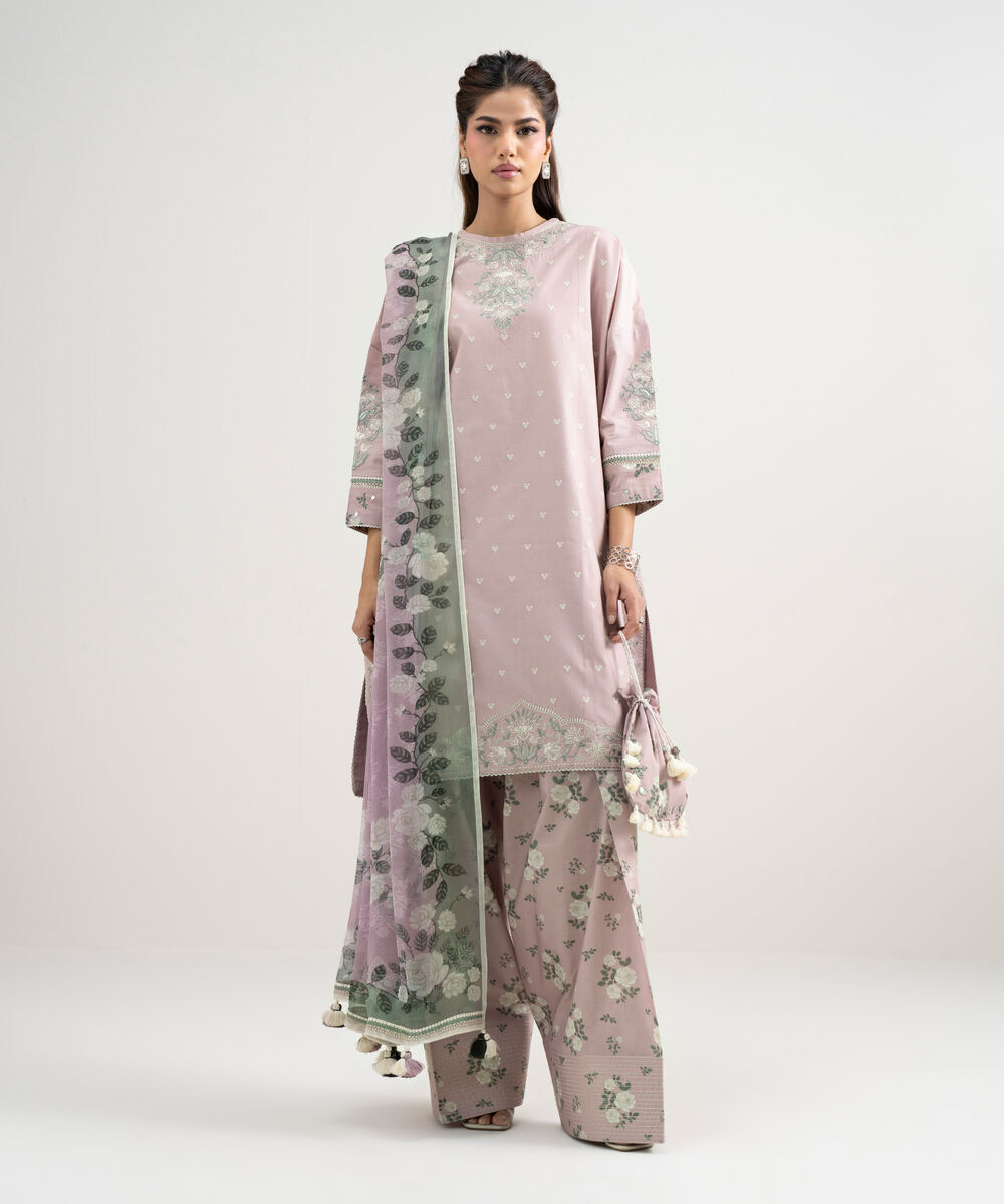 Women's Unstitched Textured Lawn Embroidered Pink  3 Piece Suit