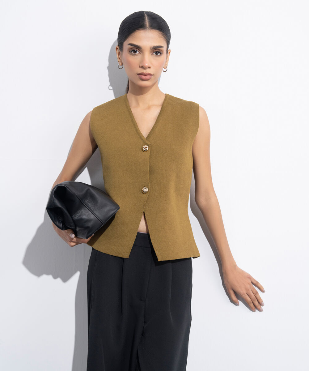 Women's Western Wear Mustard Knit Waistcoat Top