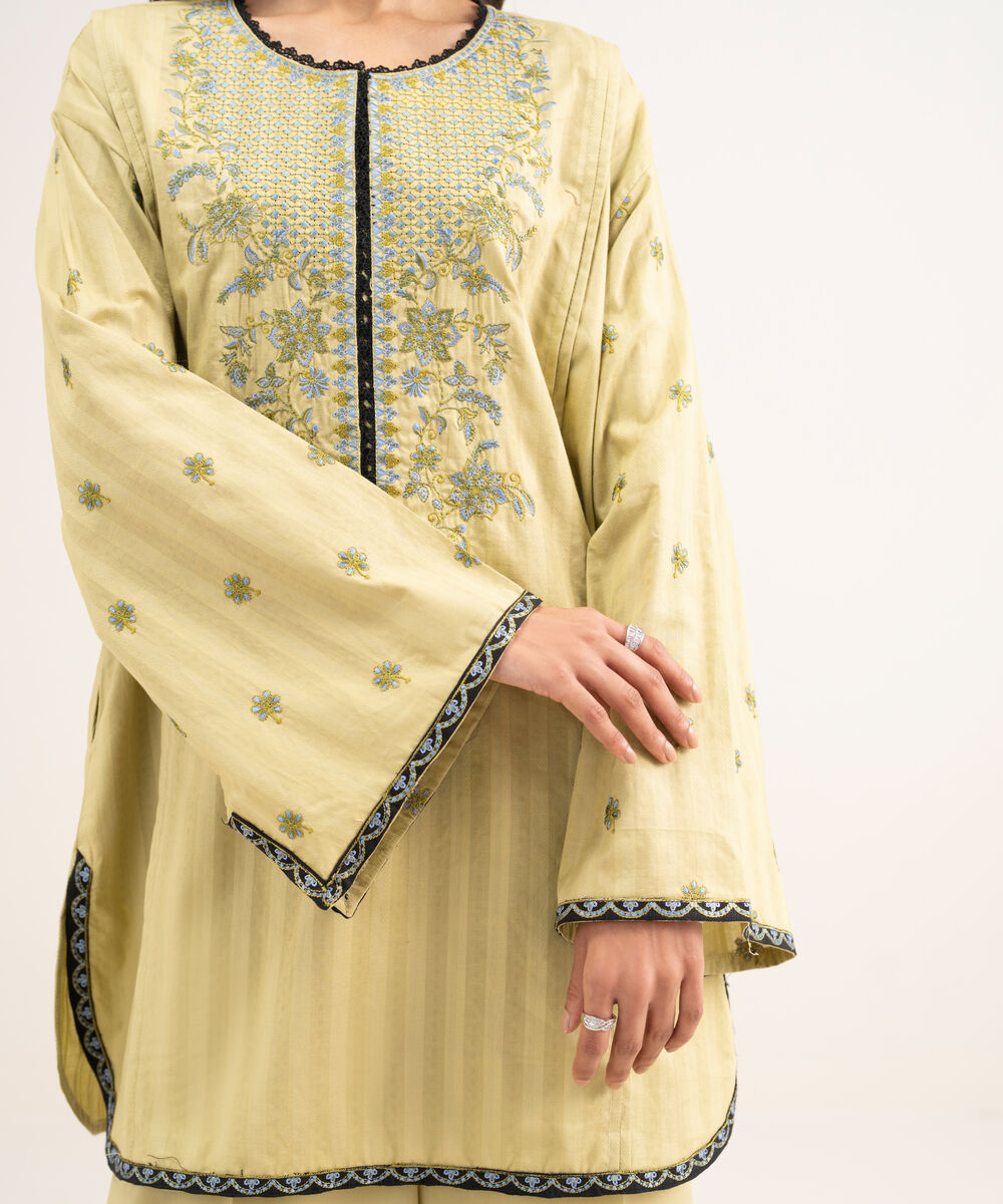 Women's RTW Leno Kara Embroidered Green Drop Shoulder Shirt