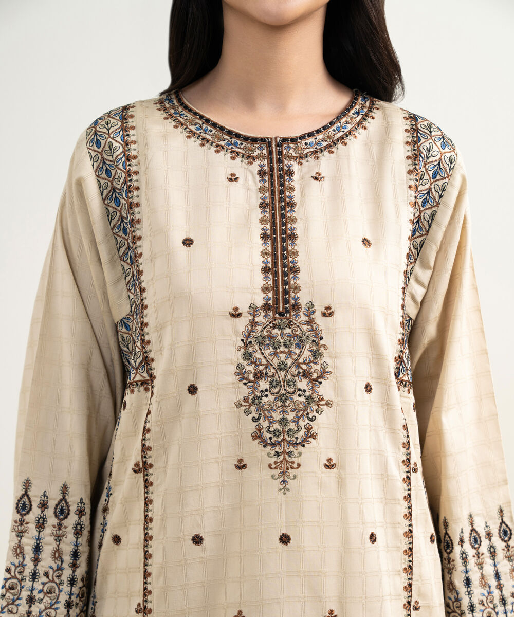 Women's RTW Dobby Embroidered Beige 3 Piece Suit