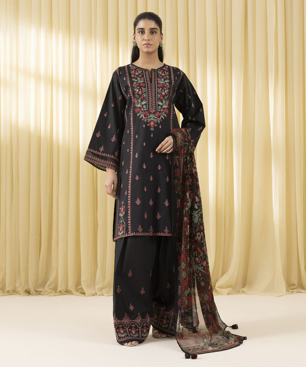 Unstitched Women's Black Textured Lawn 3 Piece Suit