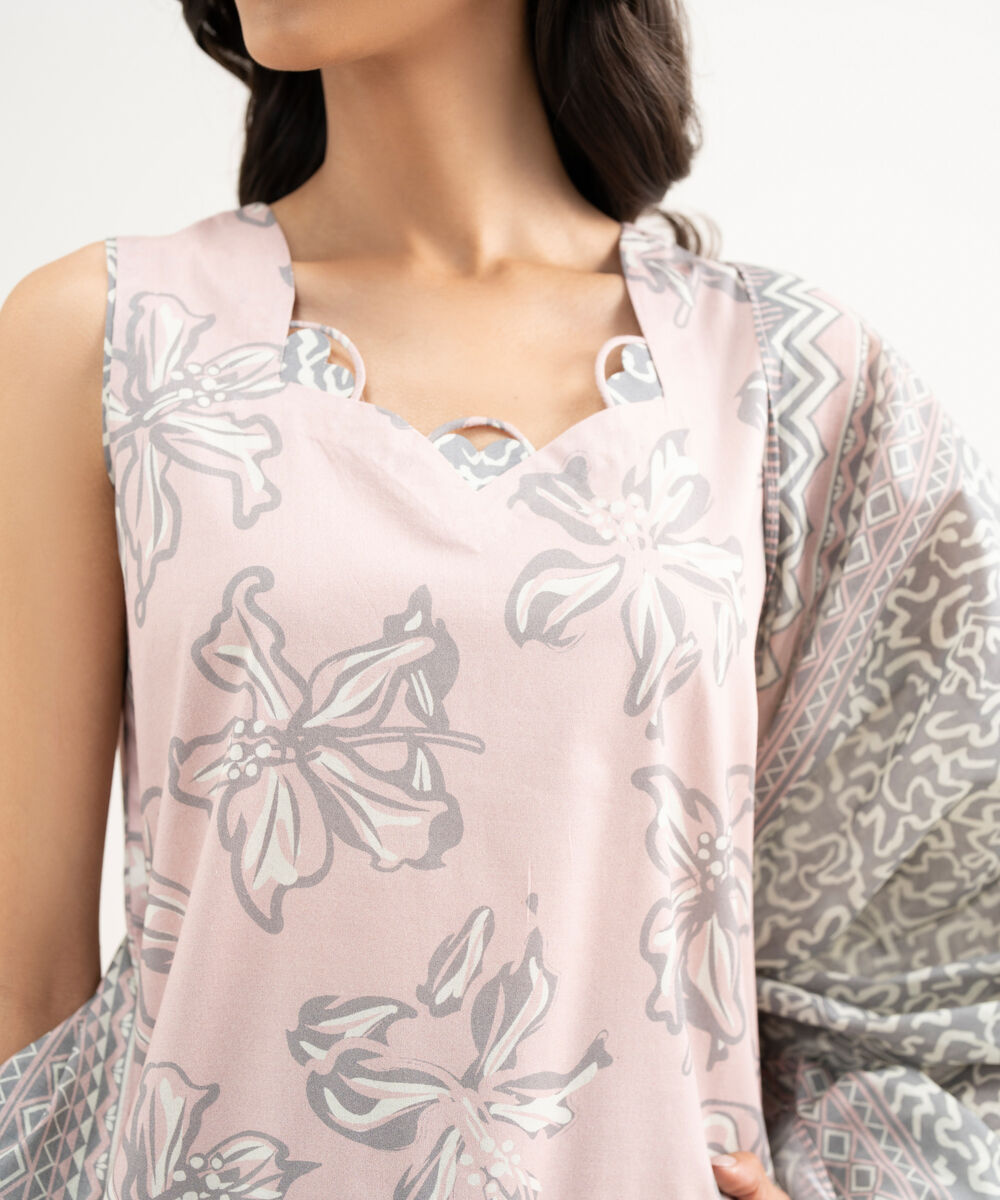 Women's Unstitched Lawn Printed Pink 3 Piece Suit