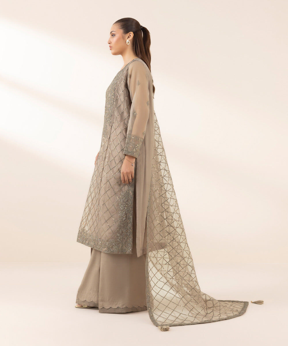 Women's Pret Blended Organza Brown Embroidered 3 Piece Suit