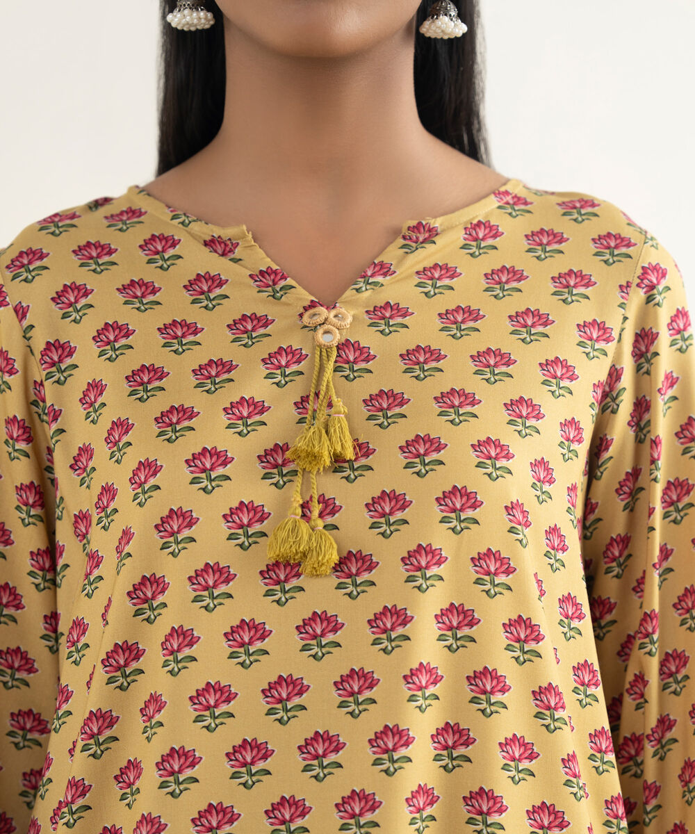 Women's RTW Linen Viscose Printed Pale Yellow Straight Shirt