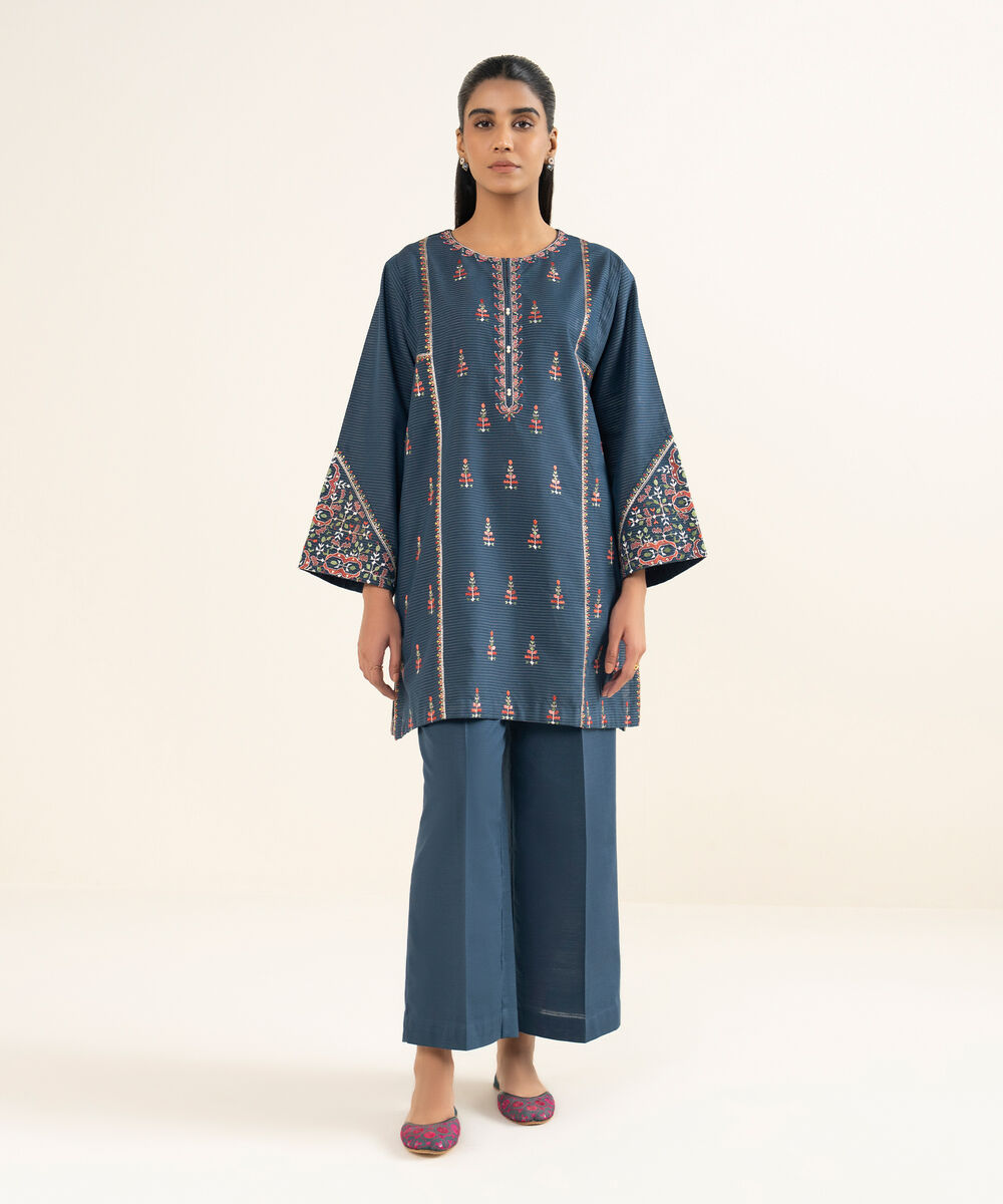 Women's RTW Light Khaddar Embroidered Straight Blue Shirt