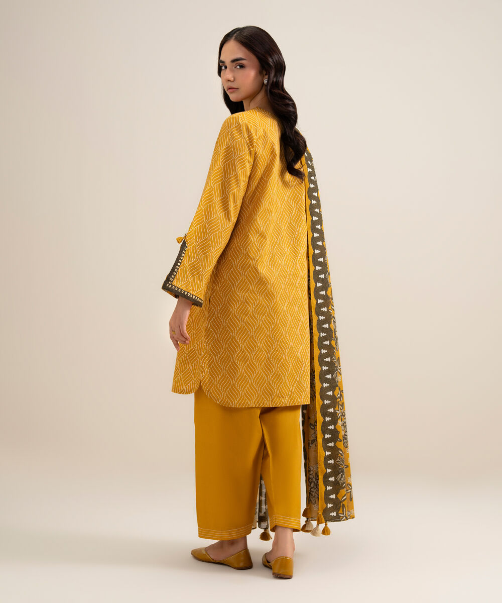 Women's Unstitched Lawn Printed Mustard 3 Piece Suit