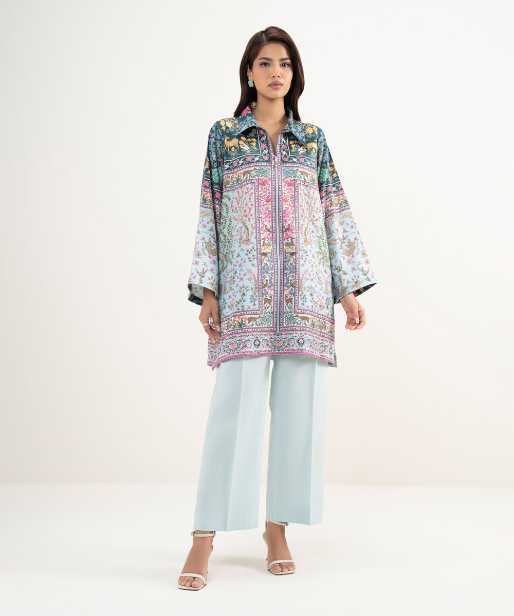 Women's RTW Premium Visocose Satin Printed Blue Straight Shirt