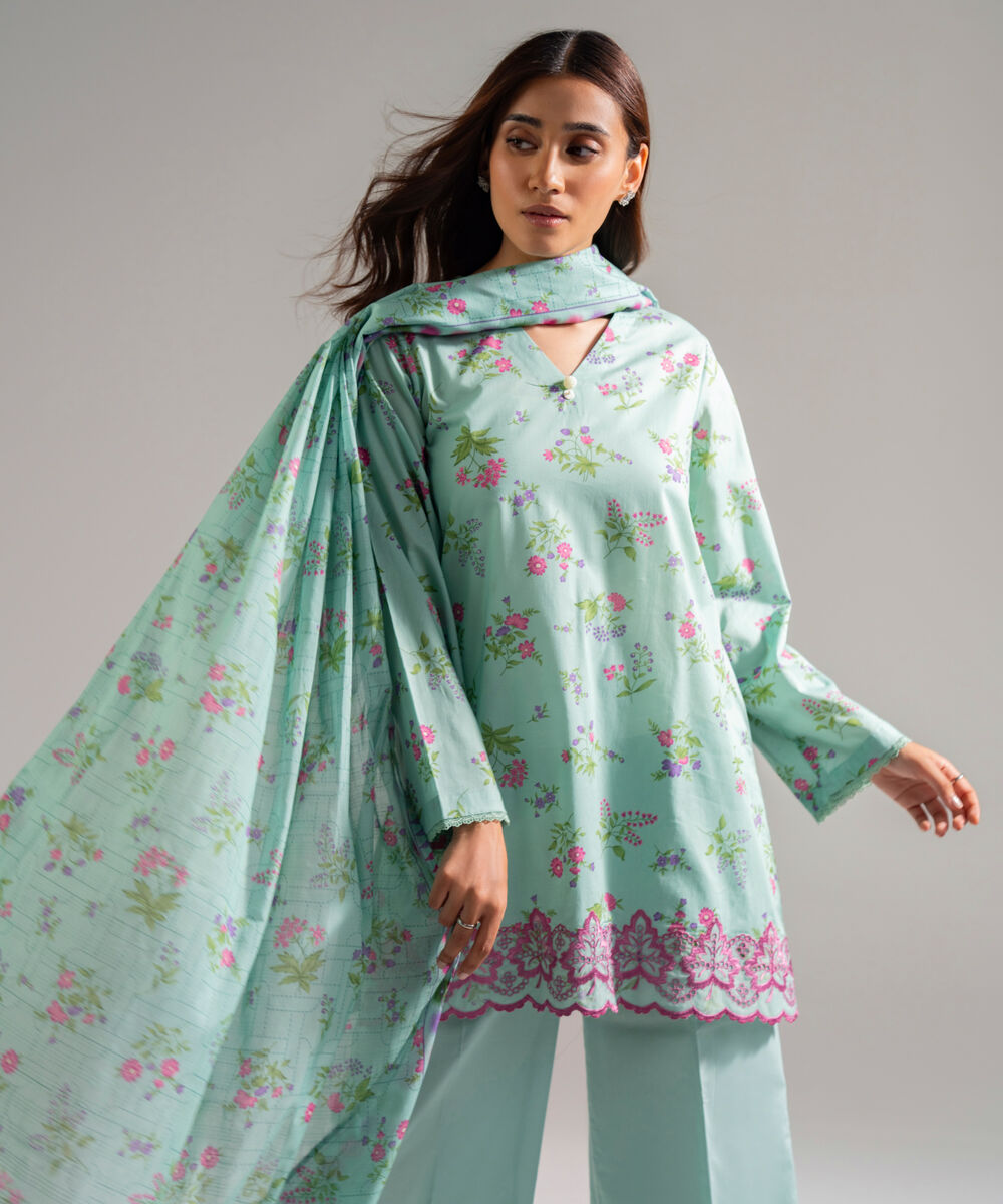 Women's RTW Lawn Embroidered Pastel Mint 3 Piece Suit