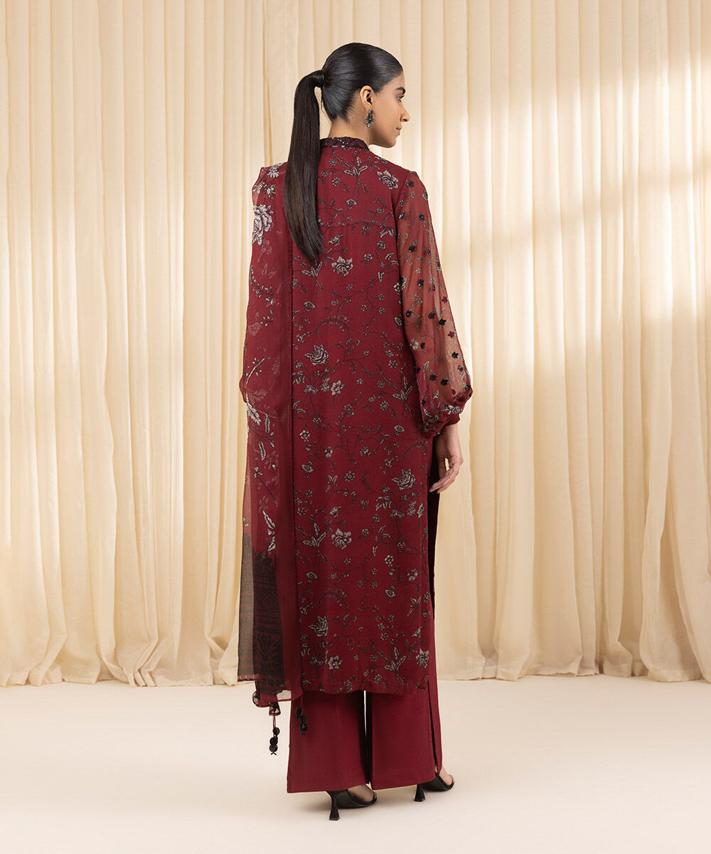 Unstitched Women's Embroidered Blended Chiffon Red Three Piece Suit
