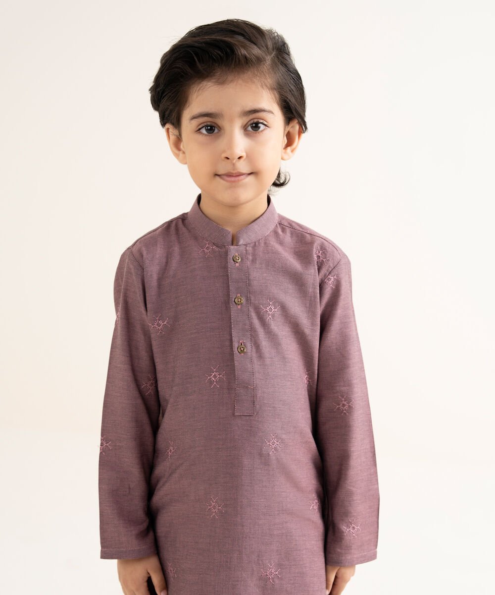 Men's Yarndyed Wash & Wear Embroidered Purple Kurta