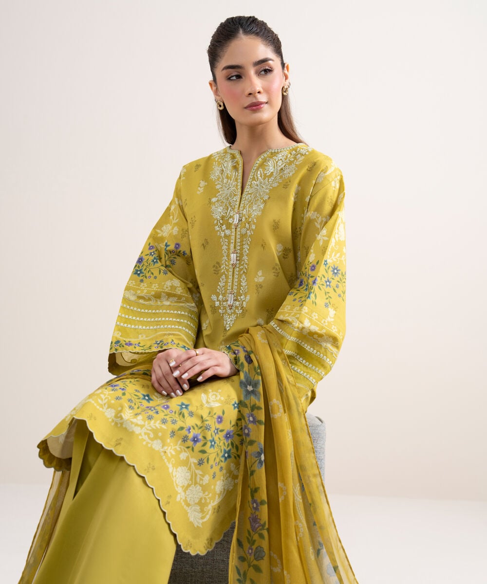 Women's Unstitched Lawn Embroidered Yellow 3 Piece Suit