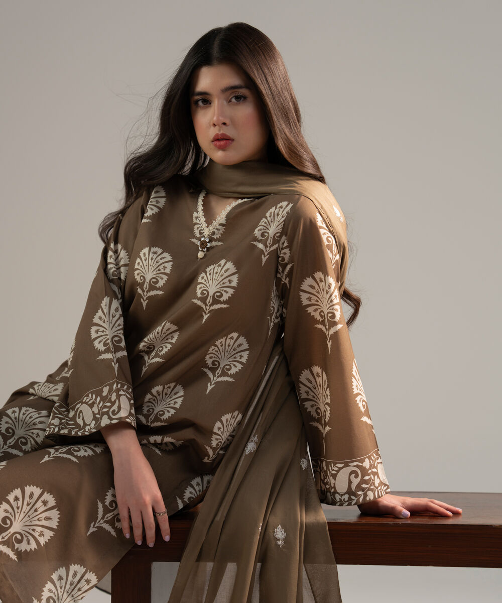 Women's RTW Lawn Printed Dark Beige 3 Piece Suit