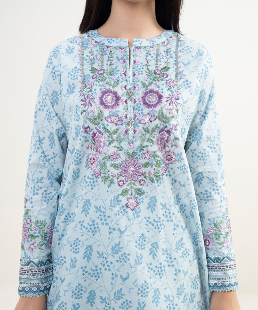 Women's Unstitched Lawn Embroidered Blue 3 Piece Suit