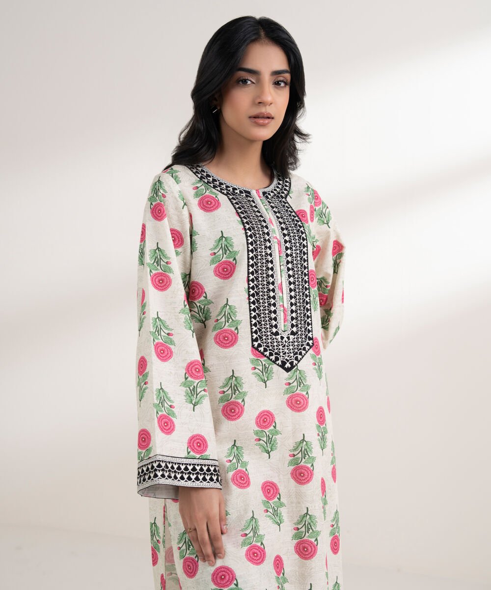 Women's RTW Light Khaddar Embroidered Off White Straight Shirt