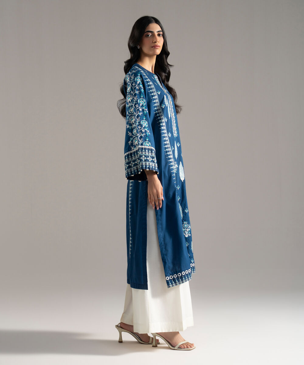 Women's RTW Solid Embroidered Cambric Blue A-Line Shirt