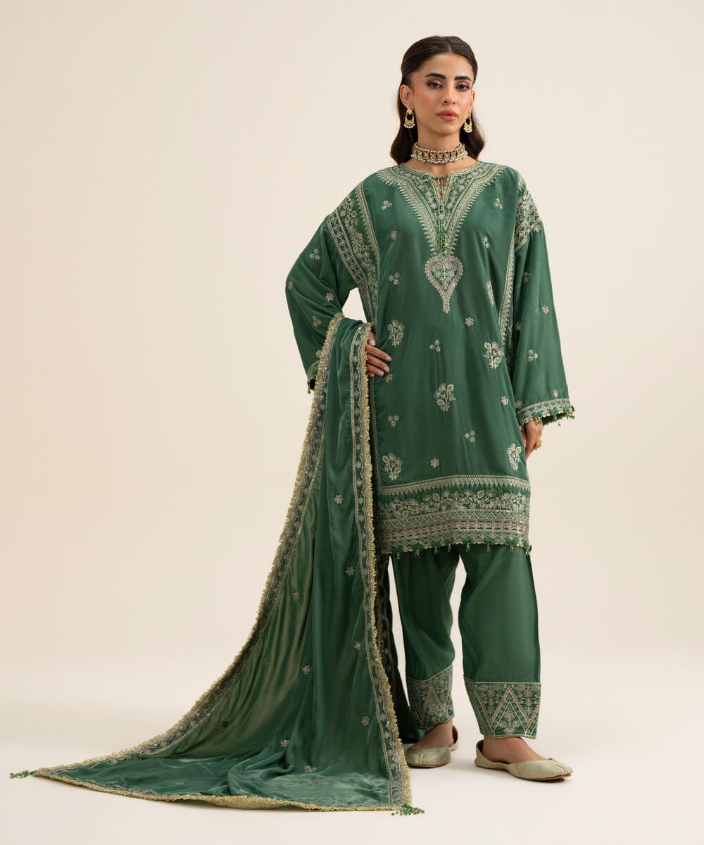 Women's Unstitched Velvet Embroidered Green 3 Piece Suit