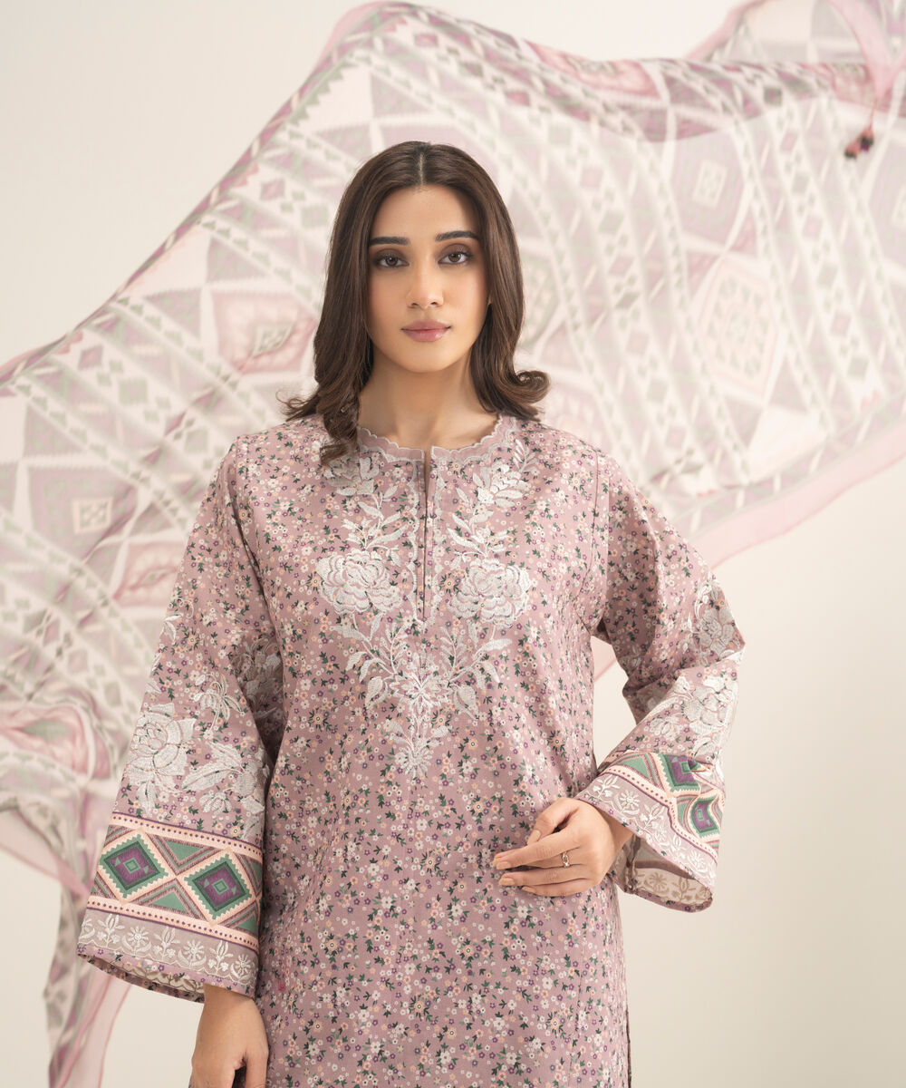 Women's Unstitched Cotton Embroidered Pink 3 Piece Suit