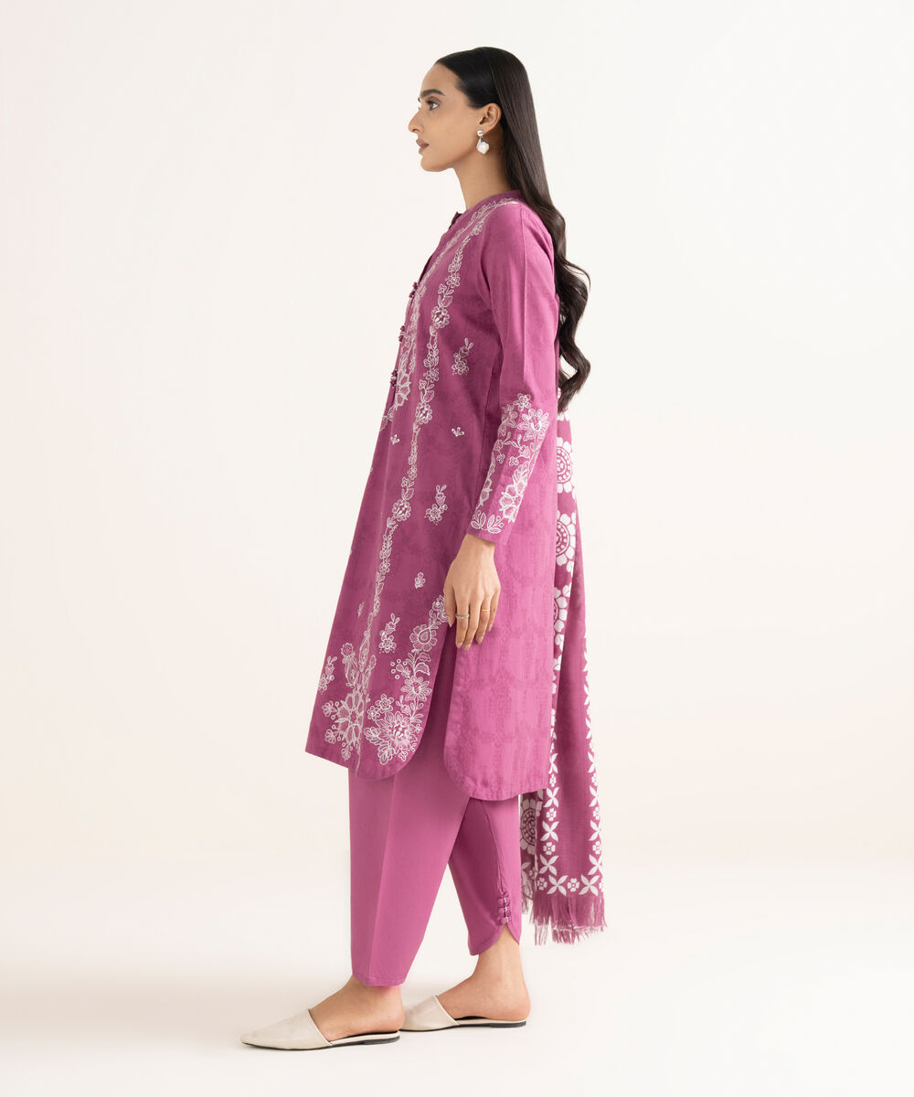 Women's Unstitched Cotton Jacquard Embroidered Magenta  3 Piece Suit