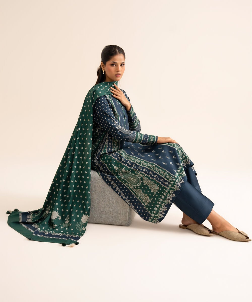 Women's Unstitched Viscose Linen Printed Dark Blue 3 Piece Suit