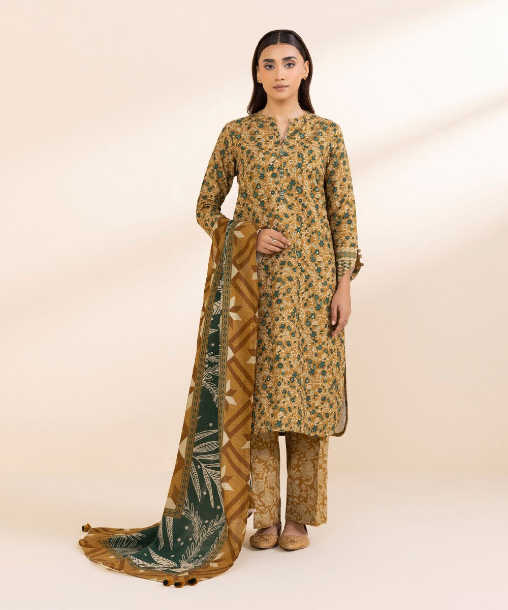 3 Piece - Printed Khaddar Suit Women's Pret Khaddar Yellow Printed 3 Piece Suit