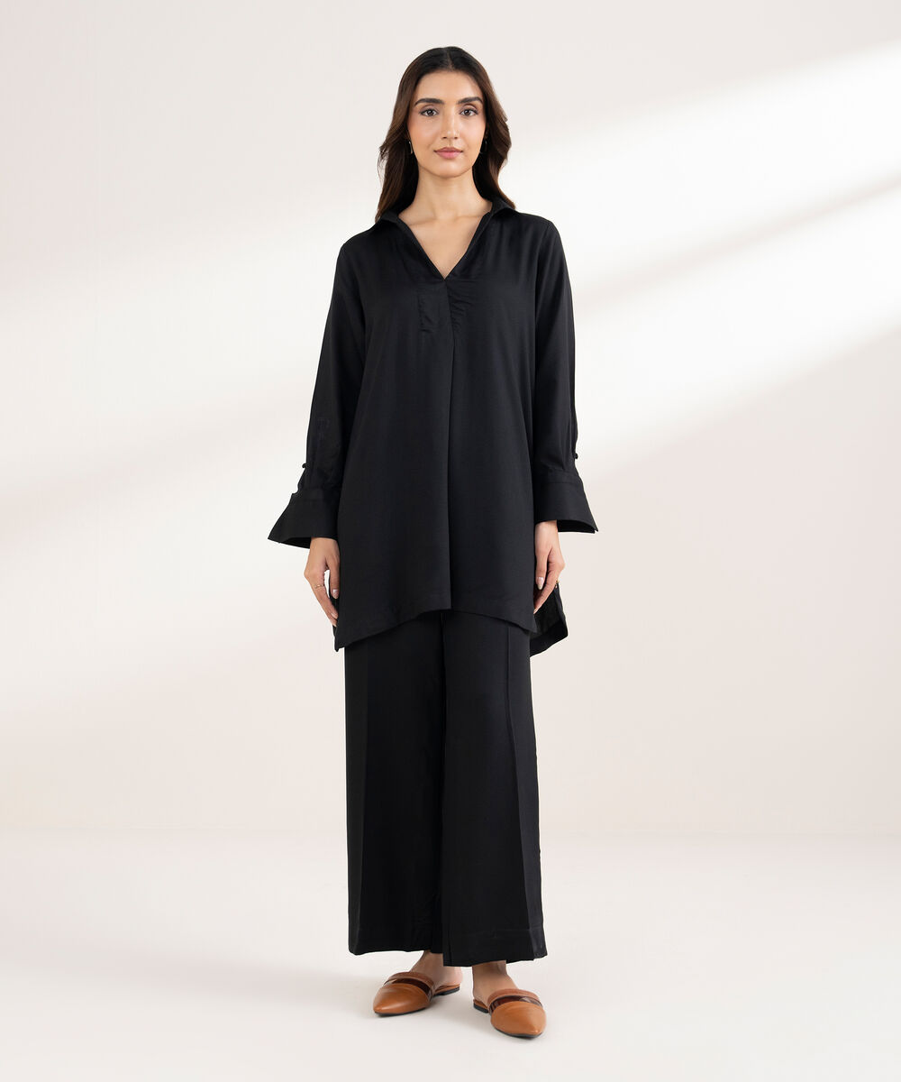 Women's RTW Bedford Solid Button Down Black Shirt