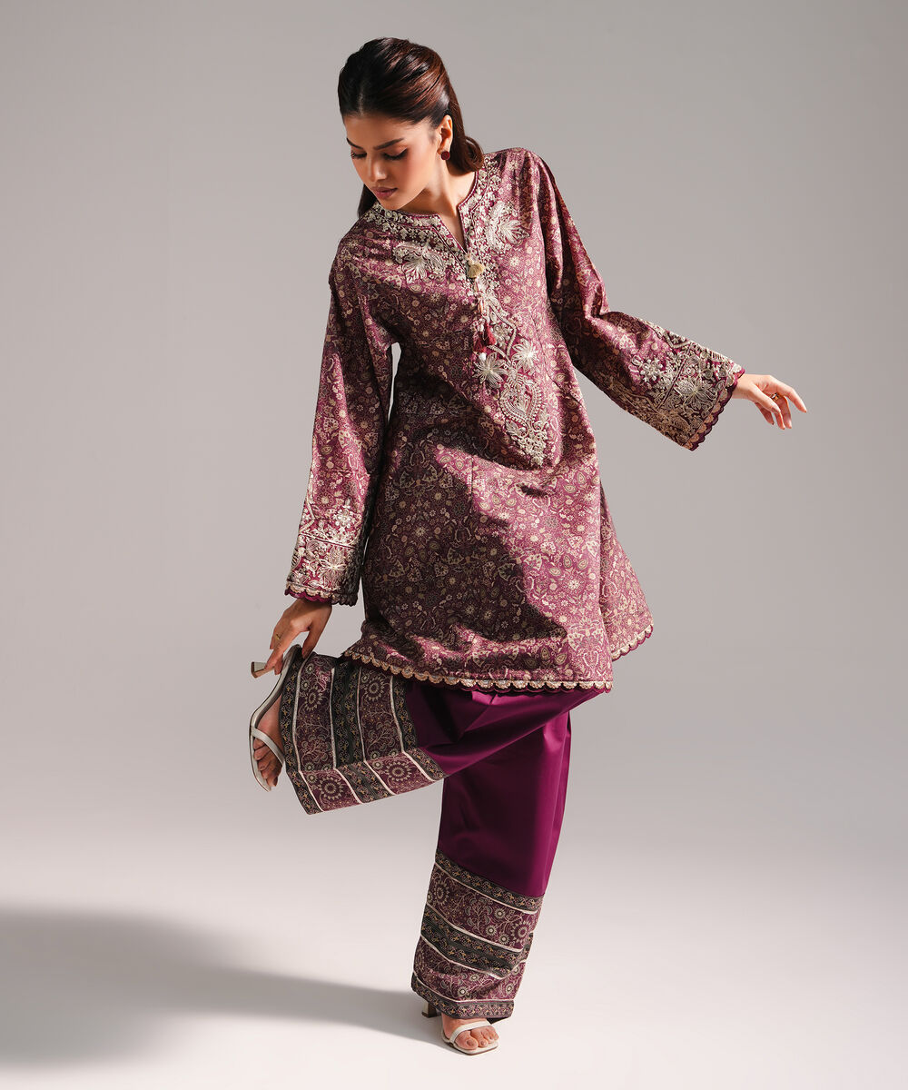 Women's RTW Zari Lawn Embroidered Deep Maroon A-Line Shirt