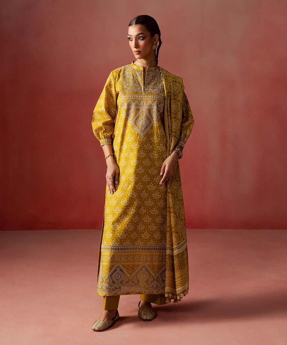 3 Piece - Embroidered Lawn Suit Women's Unstitched Lawn Embroidered Yellow 3 Piece Suit