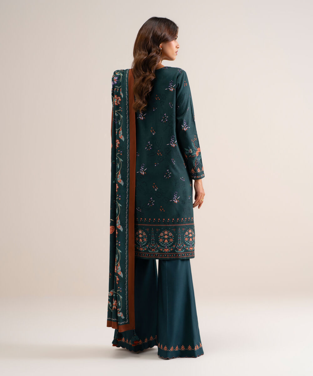 Women's Unstitched Printed Cotton Viscose Teal Green 3 Piece Suit