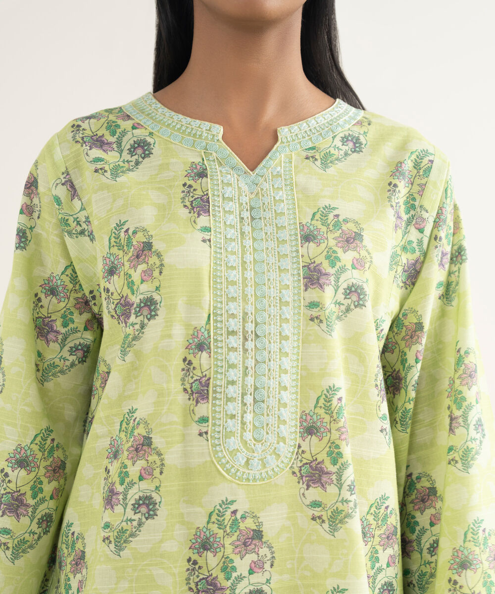 Women's RTW Light Khaddar Embroidered Lime Green Straight Shirt
