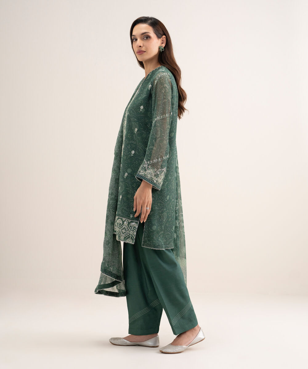 Women's Unstitched Blended Chiffon Embroidered Green 3 Piece Suit