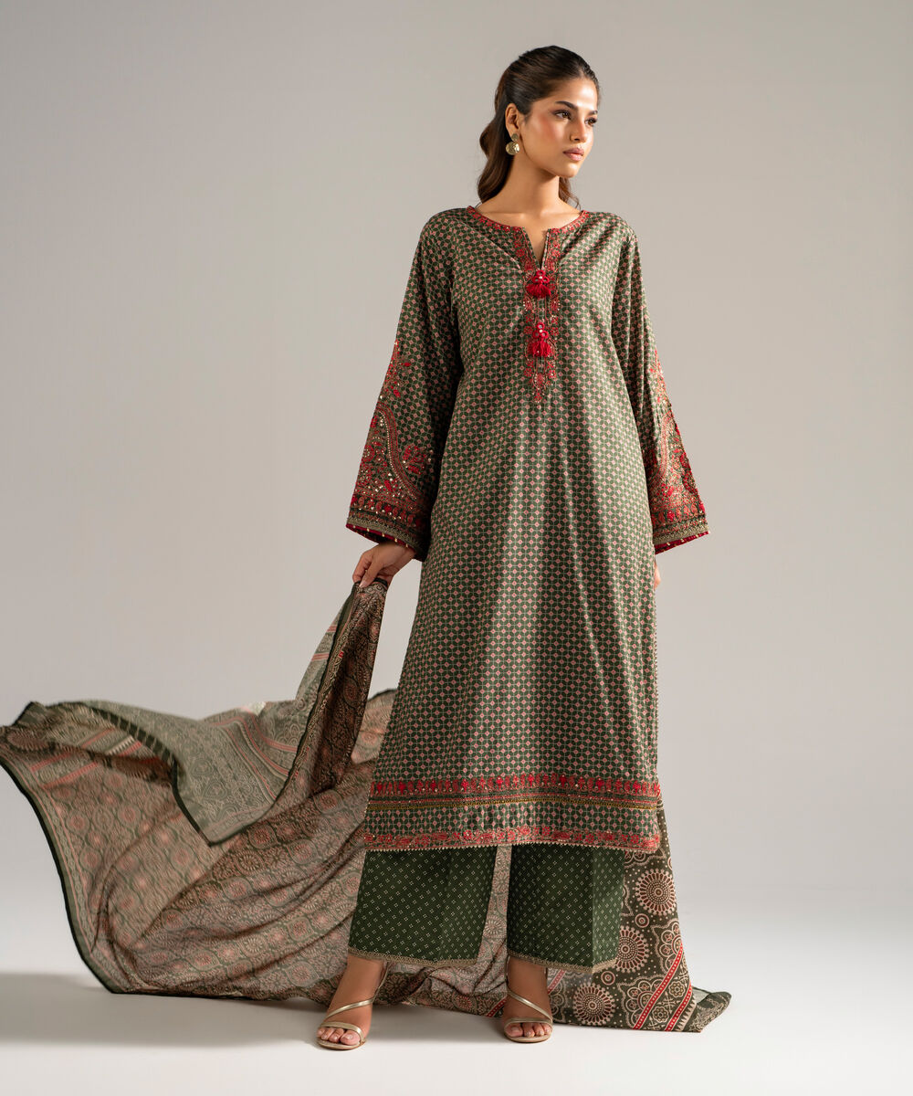 Women's RTW Dobby Embroidered Green 3 Piece Suit