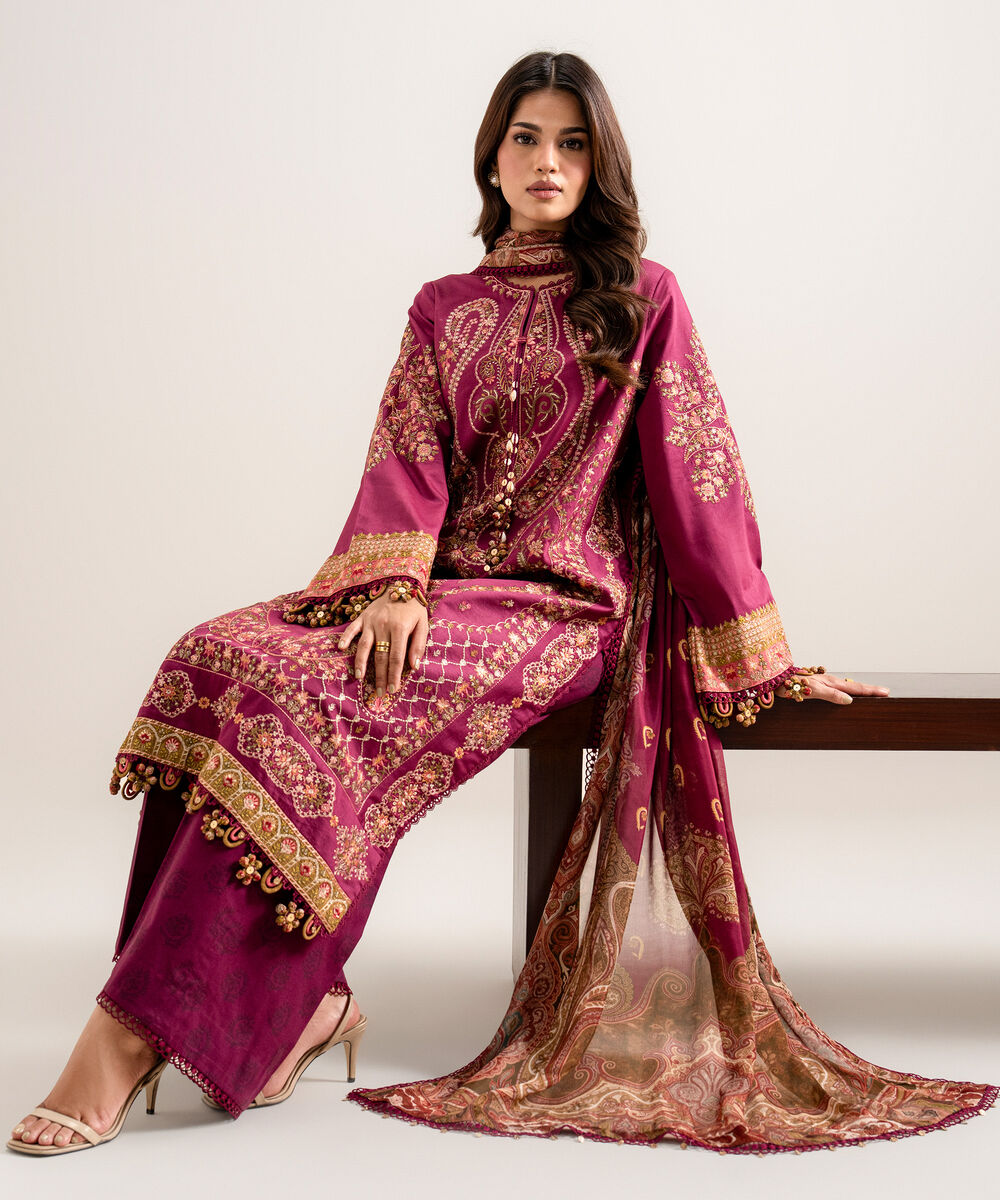 Women's Unstitched Embroidered Fine Cotton Satin Light Purple 3 Piece Suit