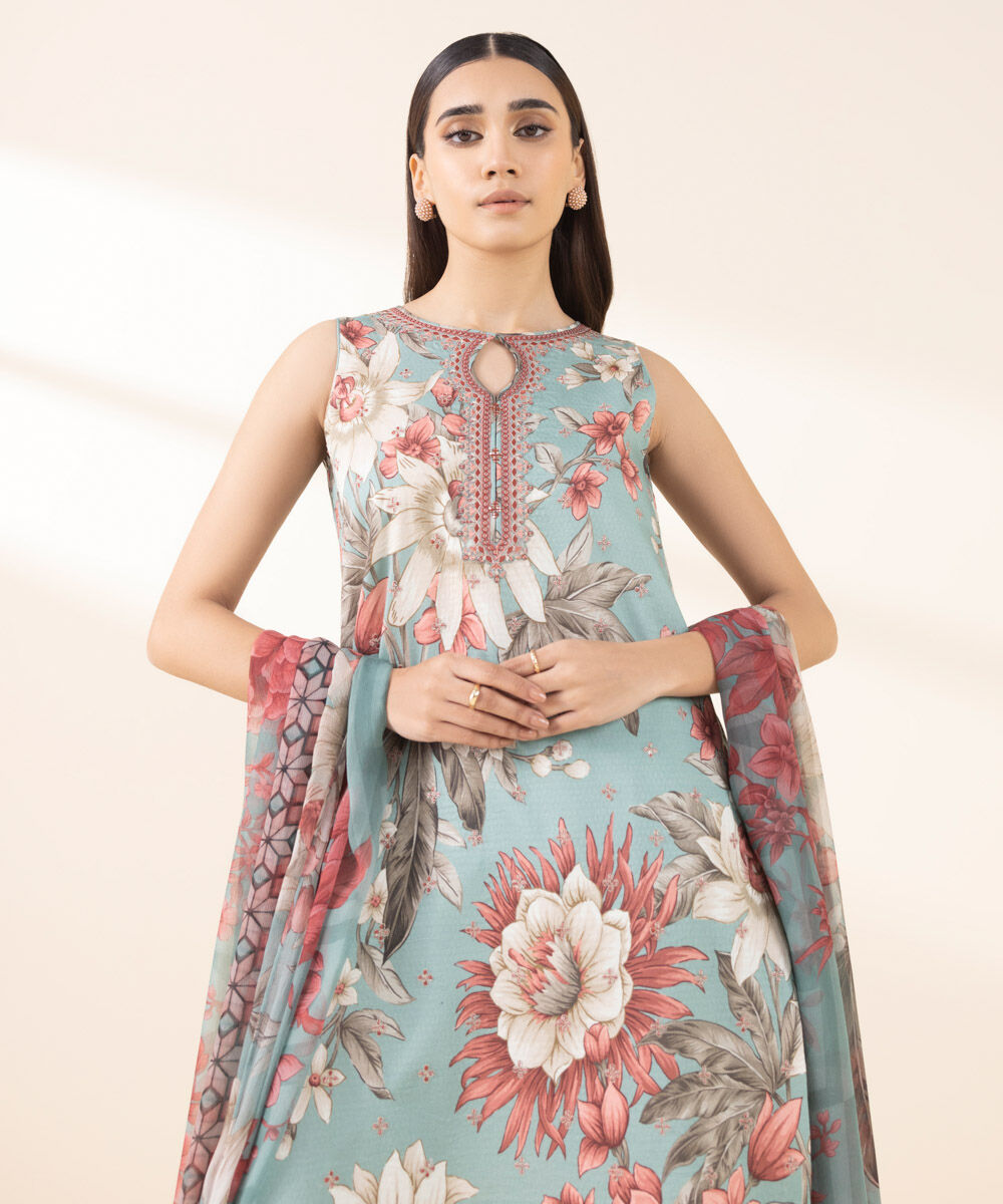 Unstitched Women's Embroidered Dobby Multi Three Piece Suit