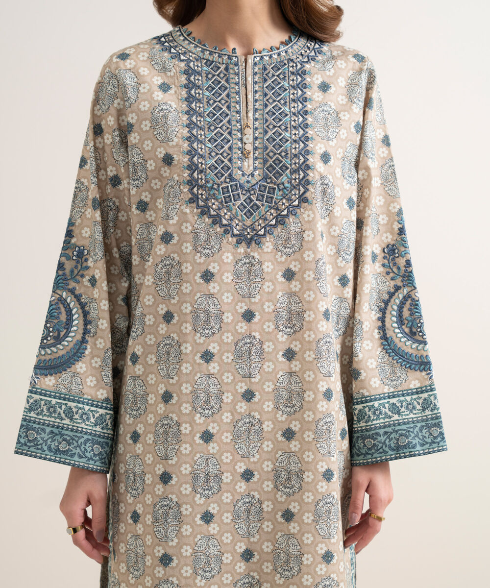 Women's Unstitched Lawn Embroidered Beige 3 Piece Suit